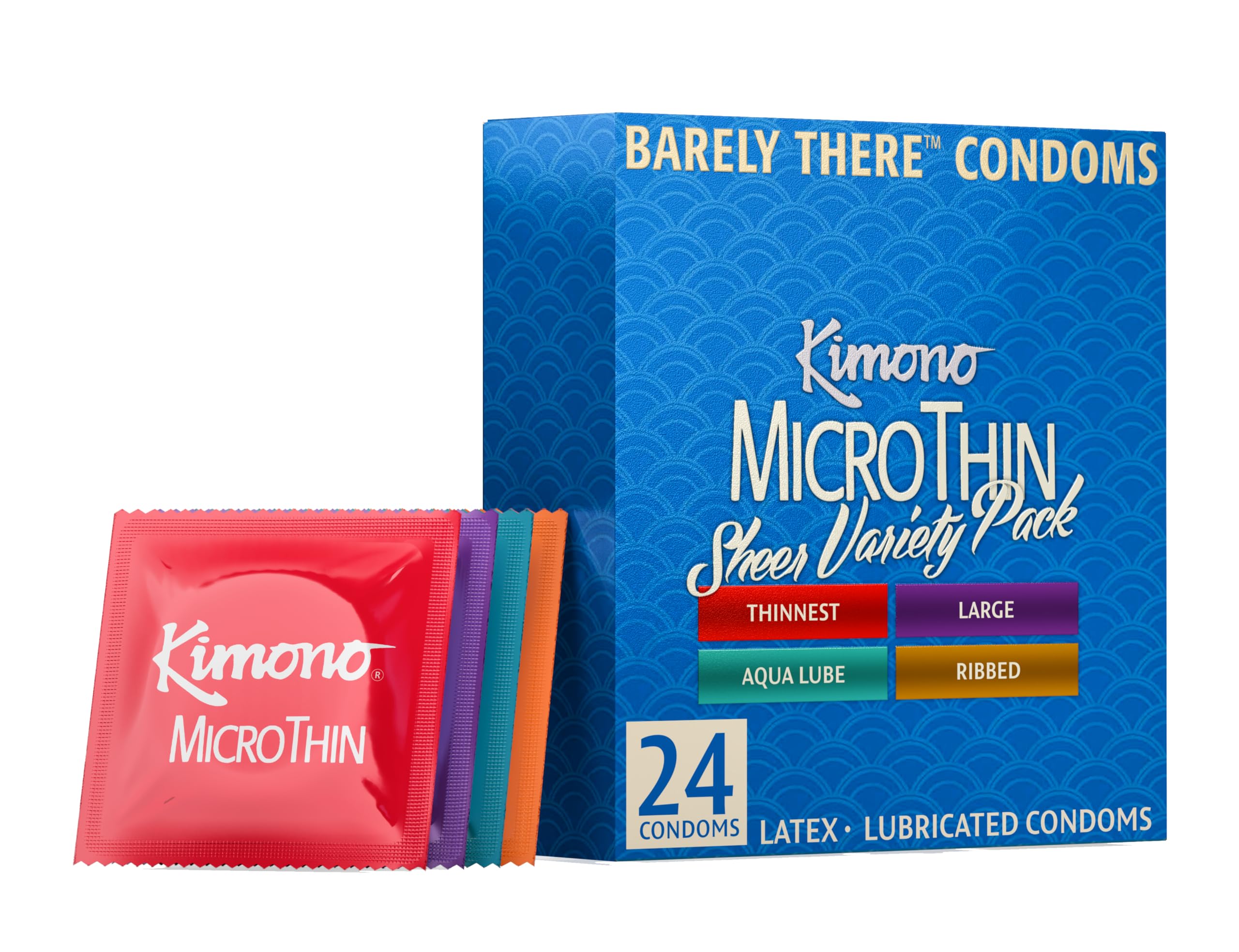 Kimono MicroThin Sheer Variety Pack of 24 - Multiple Styles of Ultrathin Condoms Shapes, Unique Designs in One Pack, Natural Lat