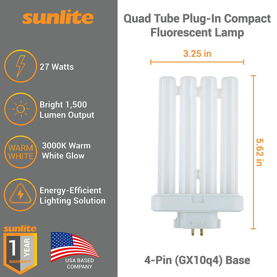 Sunlite 40530 Fml27/30K/2Pk Quad Tube Plug-In Compact Fluorescent Lamp, Fml 4-Pin, 27 Watts, 1500 Lumens, 3000K Warm White, 4-Pi