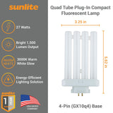Sunlite 40530 Fml27/30K/2Pk Quad Tube Plug-In Compact Fluorescent Lamp, Fml 4-Pin, 27 Watts, 1500 Lumens, 3000K Warm White, 4-Pi