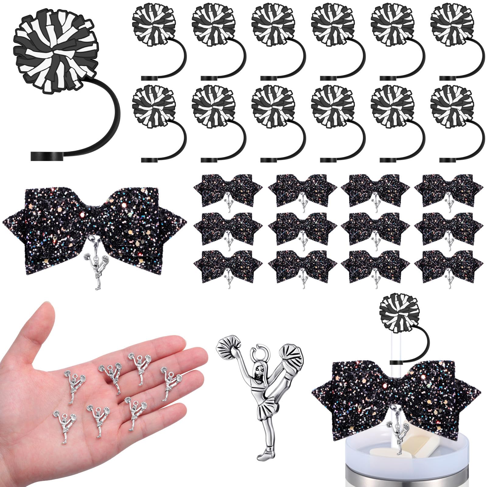 RimCereal 36 Pcs Black Cheerleading Tumbler Accessories, 12 Pcs 10 mm Straw Cover Straw Toppers, 12 Glitter Bows and 12 Cheerlea