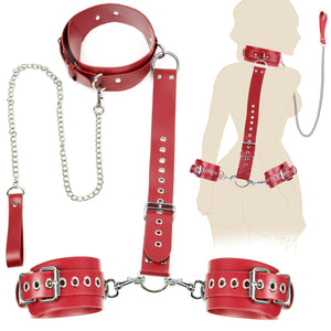 BDSM Bondage Sex Restraints Set Couples Sex Toys, Neck to Wrist Restraints Kit with Traction Chain Back Sex Handcuffs Collar Adj