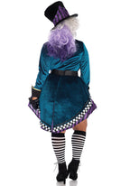 Plus Size 4 Pc Delightful Hatter Costume, Includes Velvet High/Low Coat Dress With Checkerboard Trim, Belt With Ornate Buckle, B