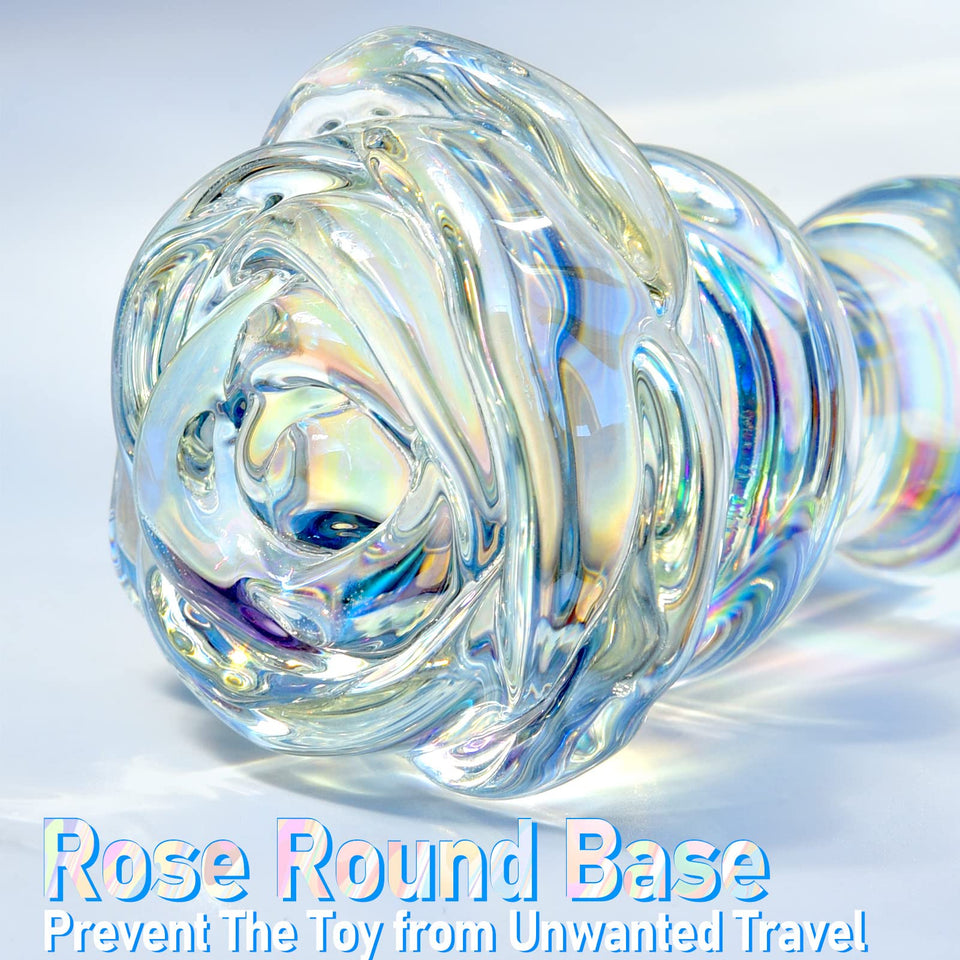 Glass Anal Beads Colorful Butt Plug Prostate Massager with Long Neck, Rose Round Base and 4 Gradual Beads Anal Dilator Fetish Bu