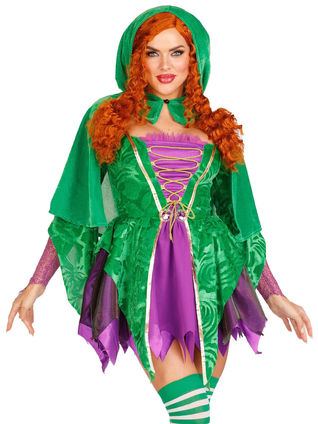 2 Pc Crafty Spellcaster, Includes Velvet Dress With Iridescent Tattered Skirt And Net Gauntlet Sleeve, Lace Up Front And Jewels
