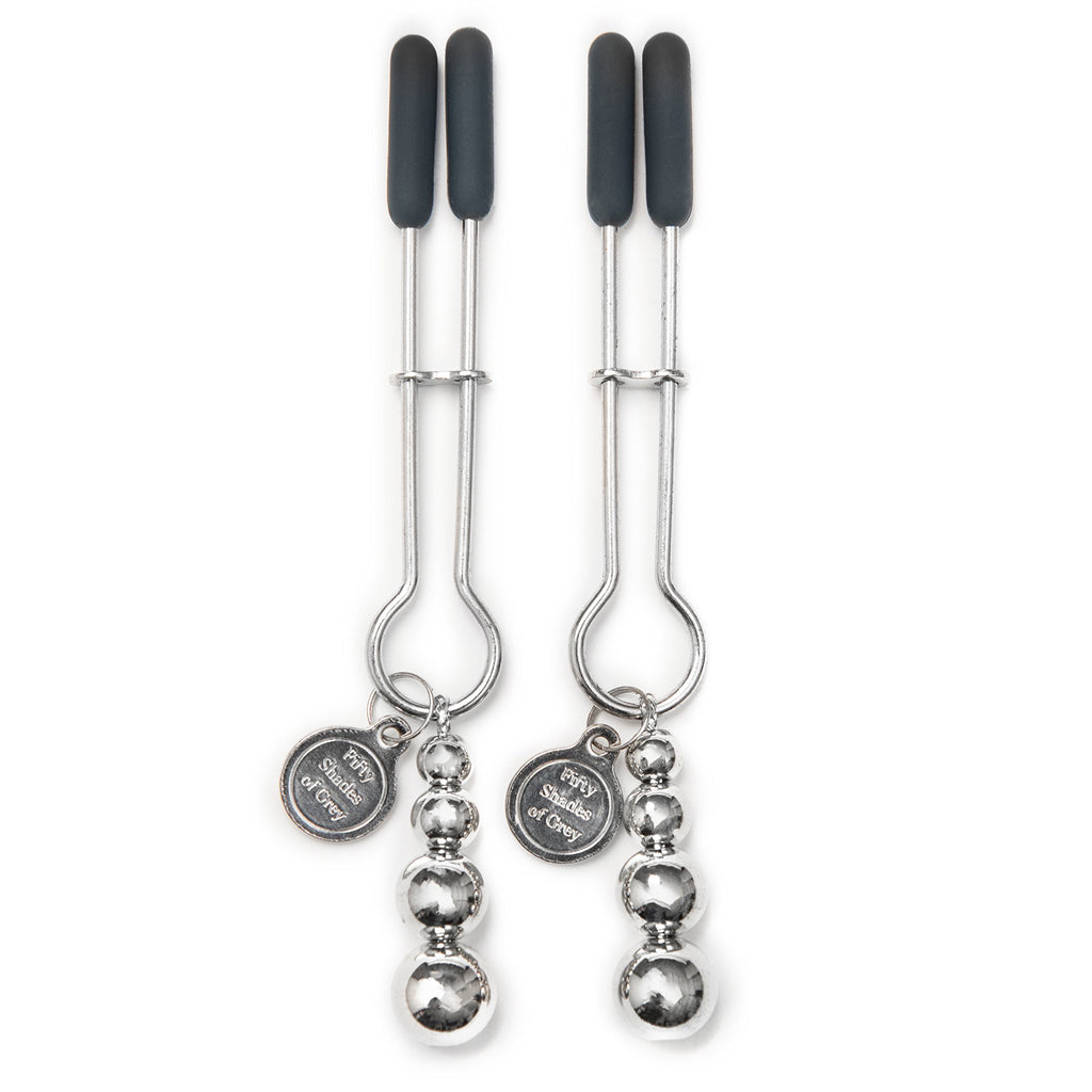 Fifty Shades Of Grey The Pinch Nipple Clamps - Adjustable Weight Metal Nipple Clamps For Sex Pleasure - Silicone Coated Clip - Includes Satin Bag - Silver