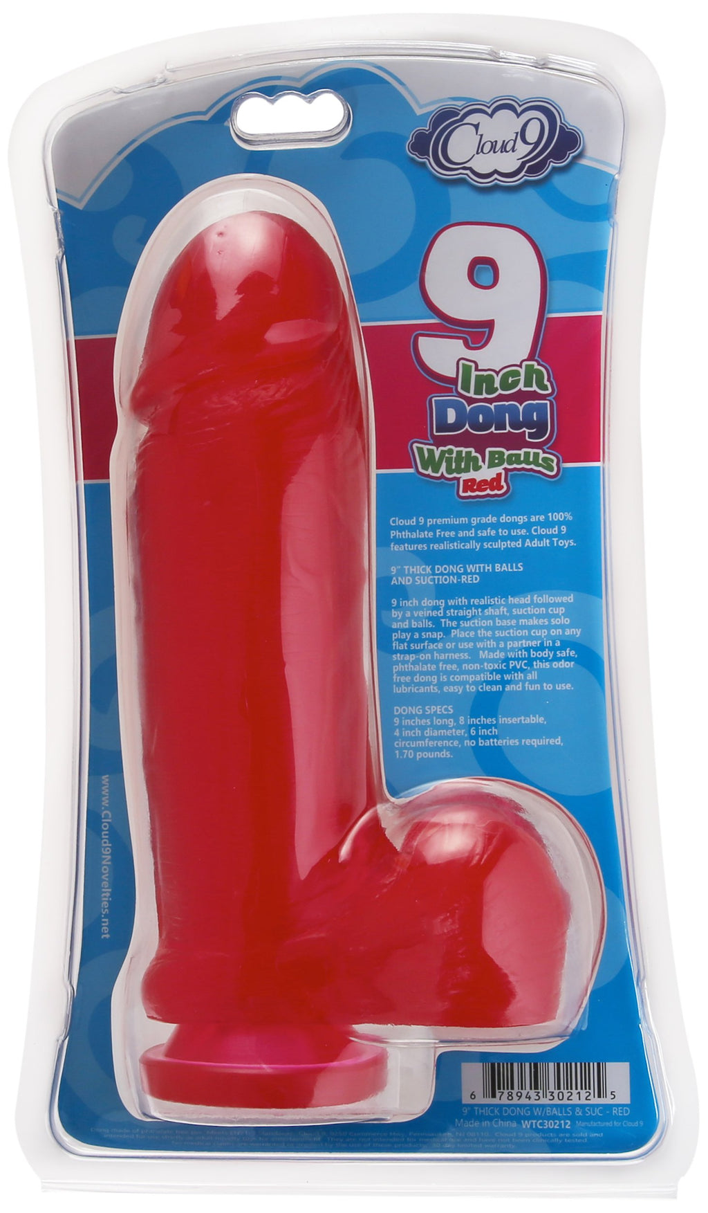 Cloud 9 Novelties Delightful Dildo With Realsitic Balls And Suction Cup, Red, 9 Inch, 1.9 Pound