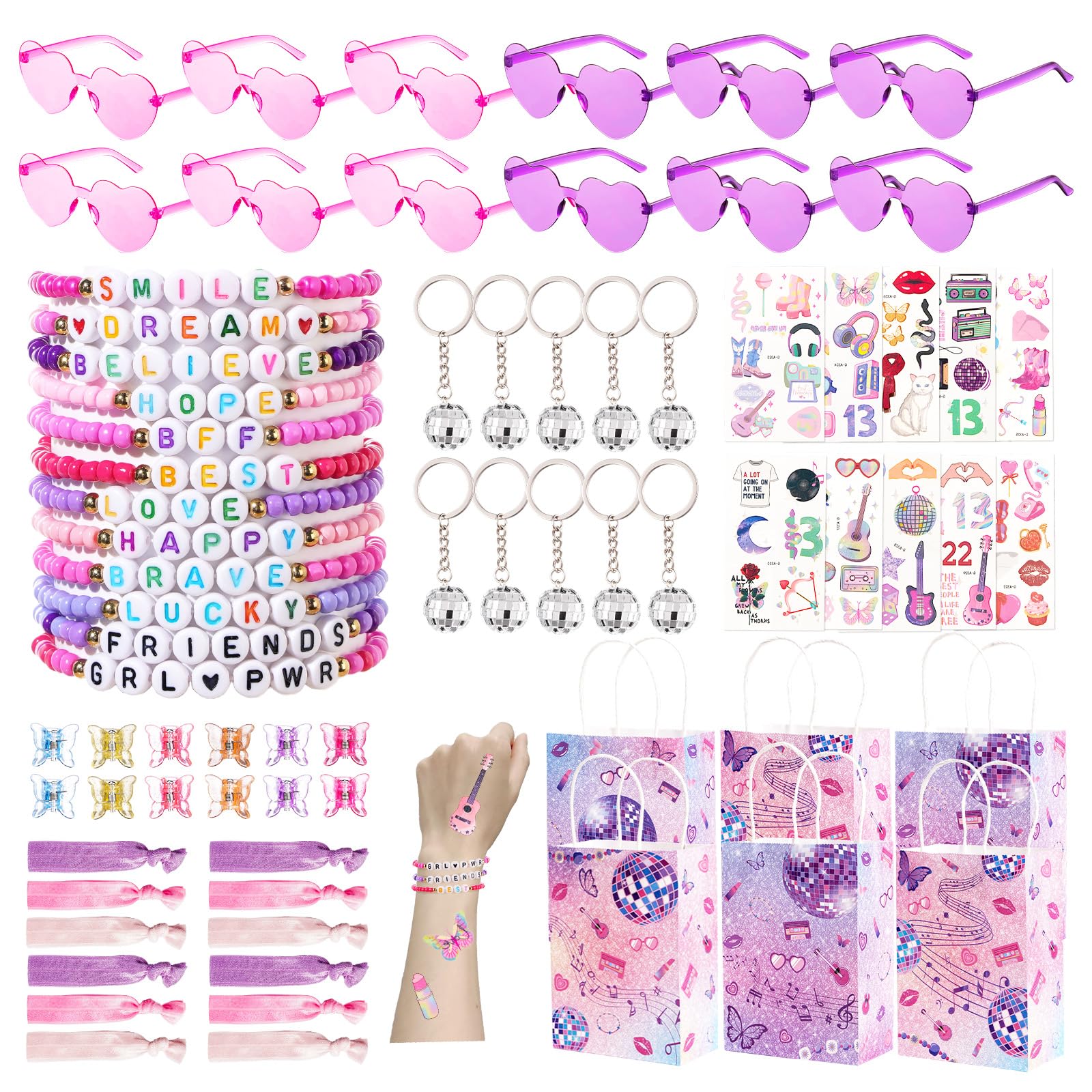 Vanblue 84 Pcs Friendship Popular Singer Party Favors Era Party Birthday Decorations Supplies Bulk Bracelet Disco Keychain Goodi