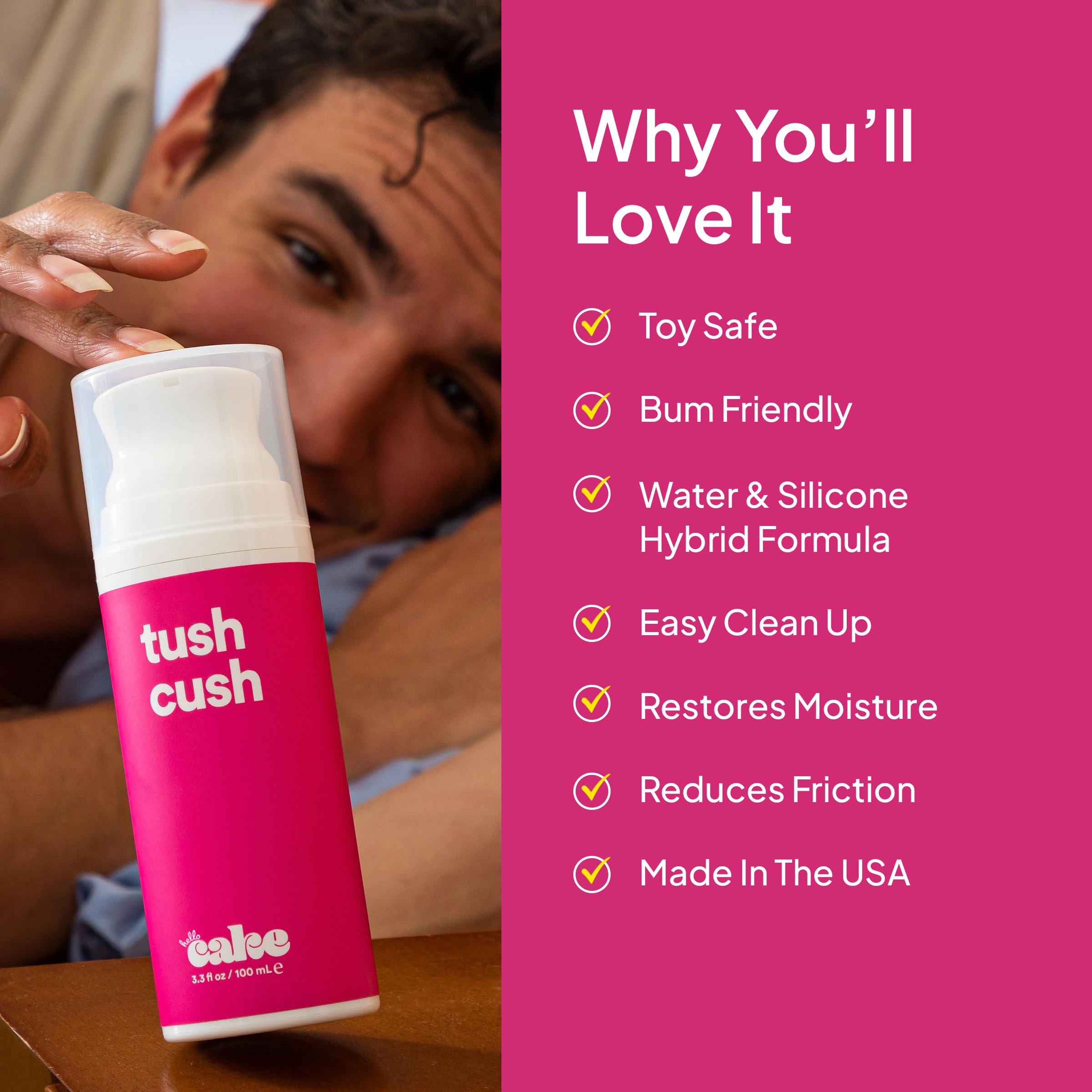 Hello Cake Tush Cush, Silicone and Water-Based Personal Lubricant, Formulated for Anal Use, Hybrid Lube for Men, Women, and Coup