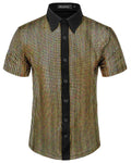 WULFUL Mens Disco Shirt Sequins Short Sleeve Button Down Shirts 70s Party Costume Dress Shirts Gold