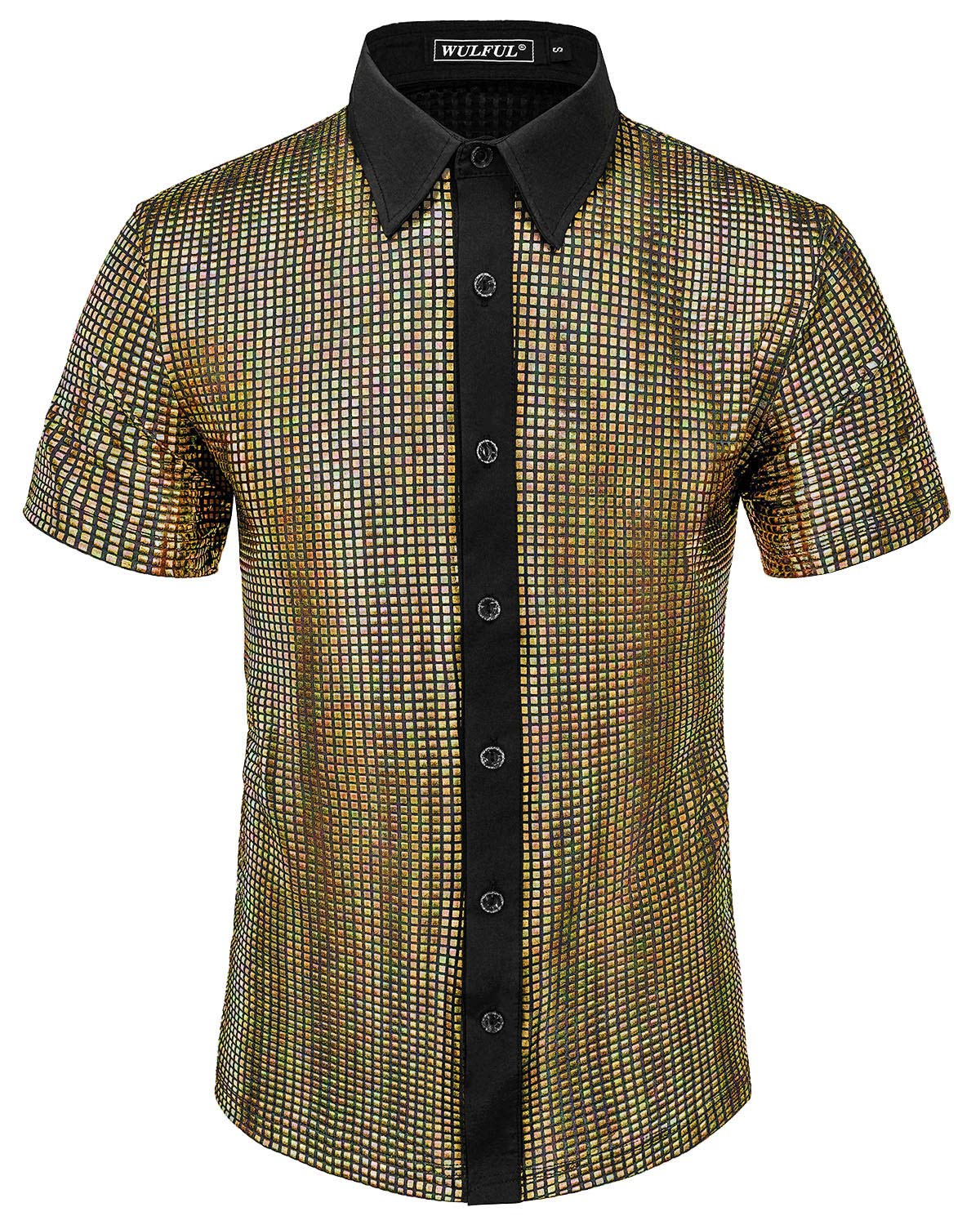 WULFUL Mens Disco Shirt Sequins Short Sleeve Button Down Shirts 70s Party Costume Dress Shirts Gold