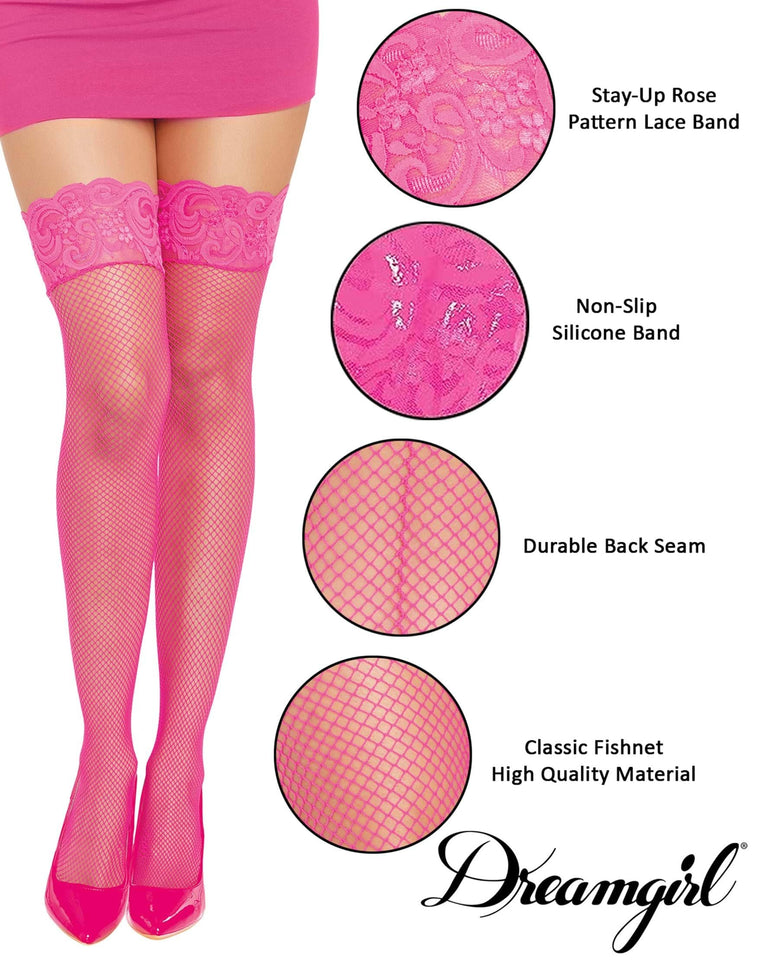 Dreamgirl Womens Neon Fishnet Thigh High Stockings With Silicone Lace Top And Back Seam Hosiery, Hot Pink, 1 Count Us