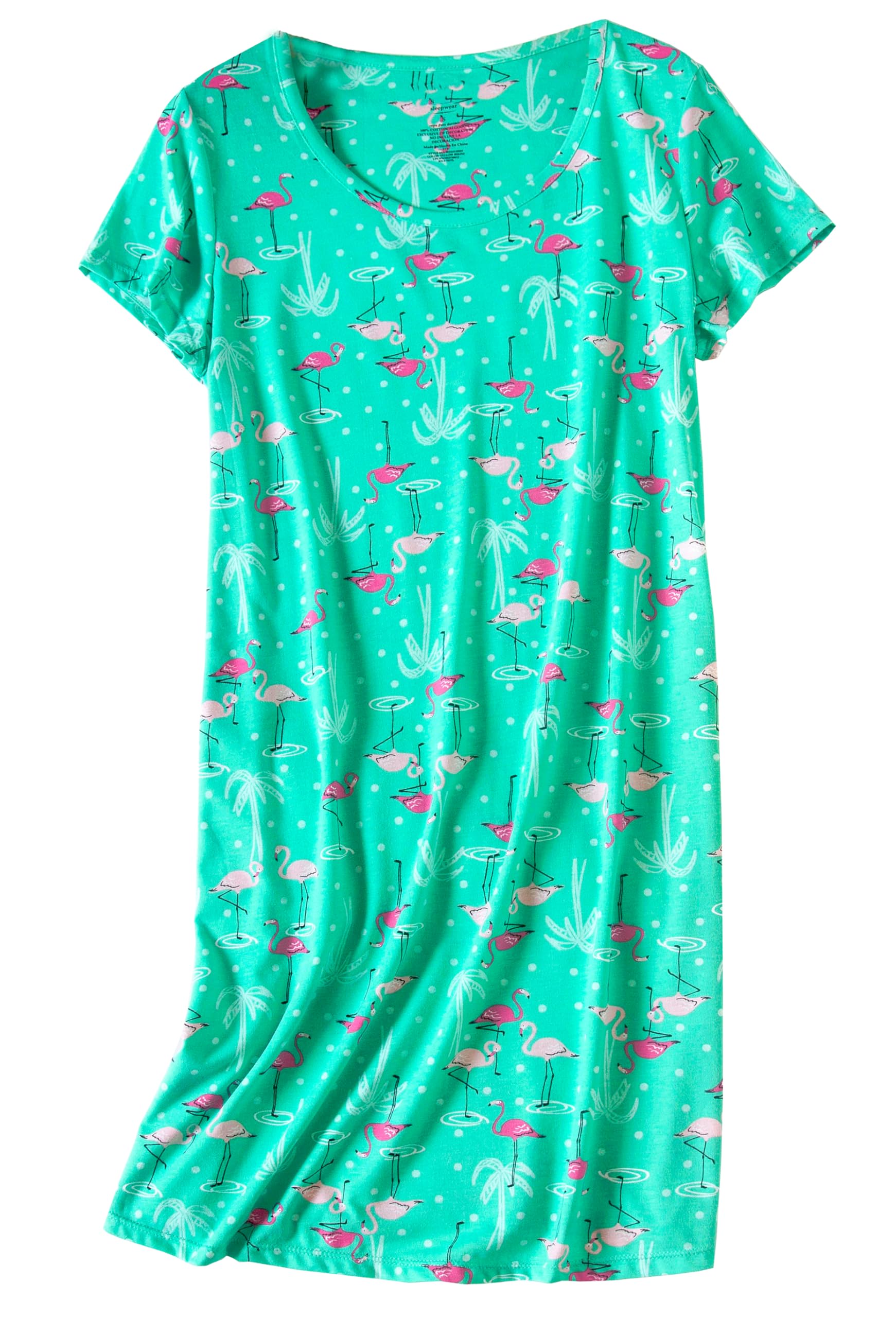 PNAEONG Women s Cotton Nightgown Sleepwear Short Sleeves Shirt Casual Print Sleepdress XTSY108-Green Flamingo-S