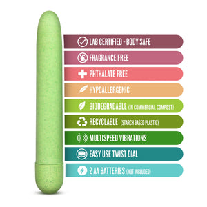 Blush Novelties Gaia Eco Plant-Based 7'' Slim Multispeed Vibrator in Green Made of Sustainable BioFeel Worlds First Plant Based