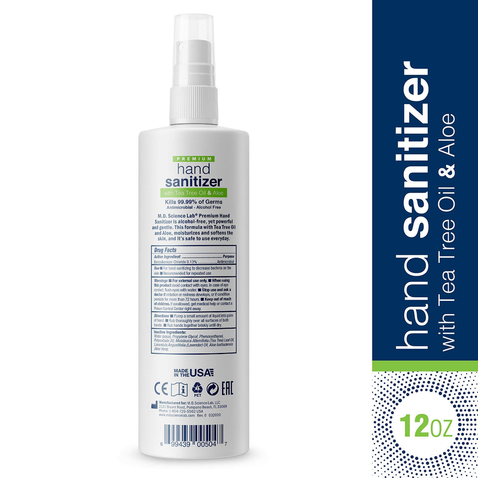 (D) Md Science Lab Premium Han Sanitizer W/ Tea Tree Oil & Aloe 12 Oz