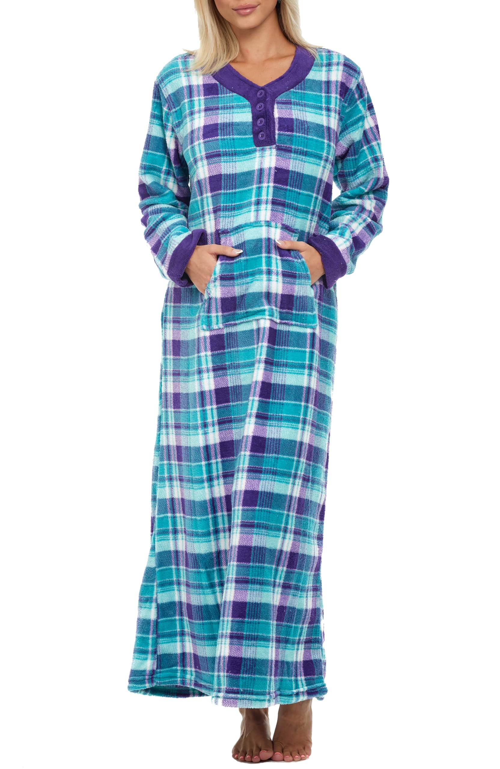 Alexander Del Rossa Womens Plush Fleece Lounge Nightgown, Long Warm Kaftan Gown with Pockets for Purple and Teal Plaid 3X (A015