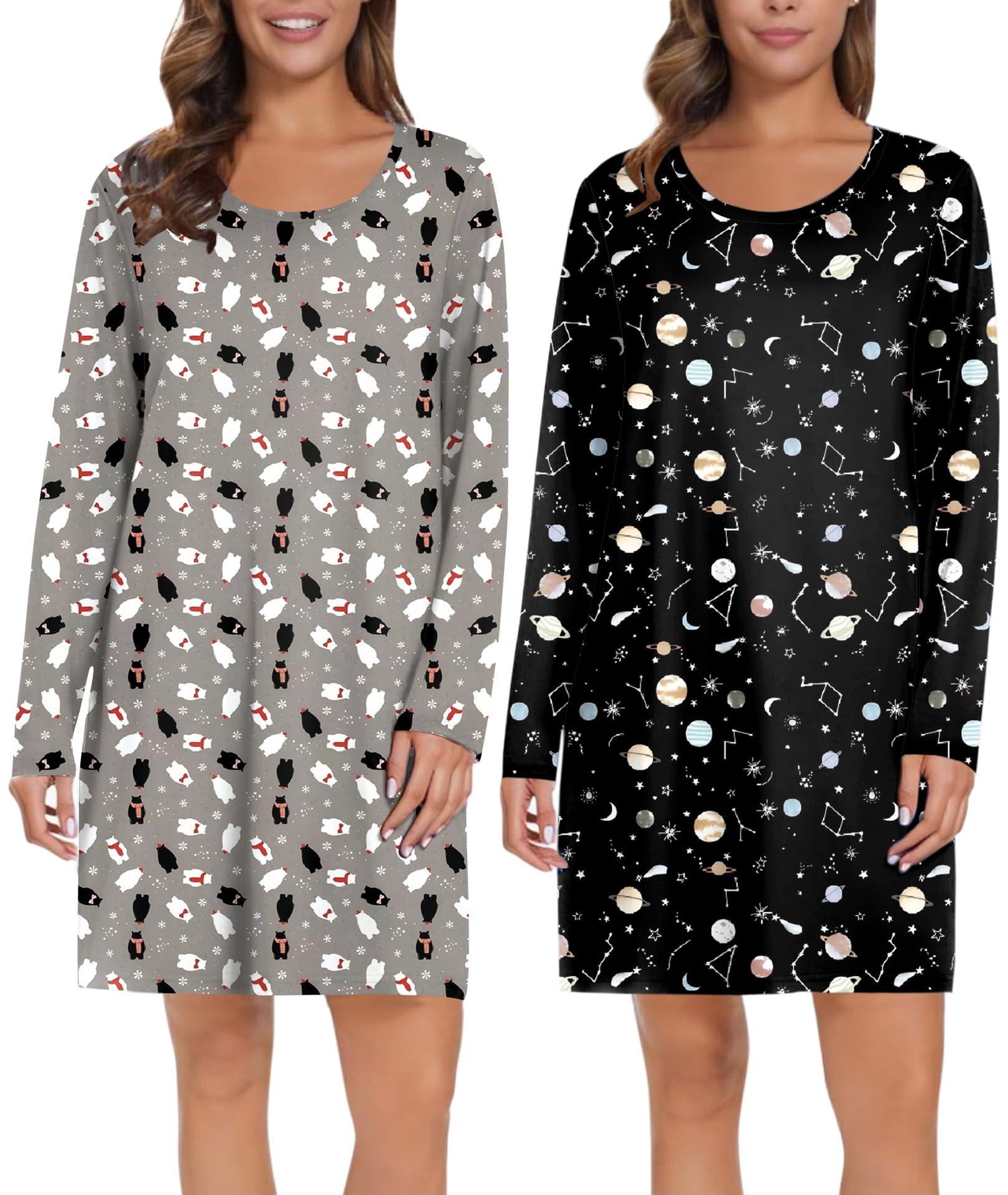 Ekouaer 2 Pack Long Sleeve Nightgowns for Women Cute Nightgown Womens Sleep Shirts
