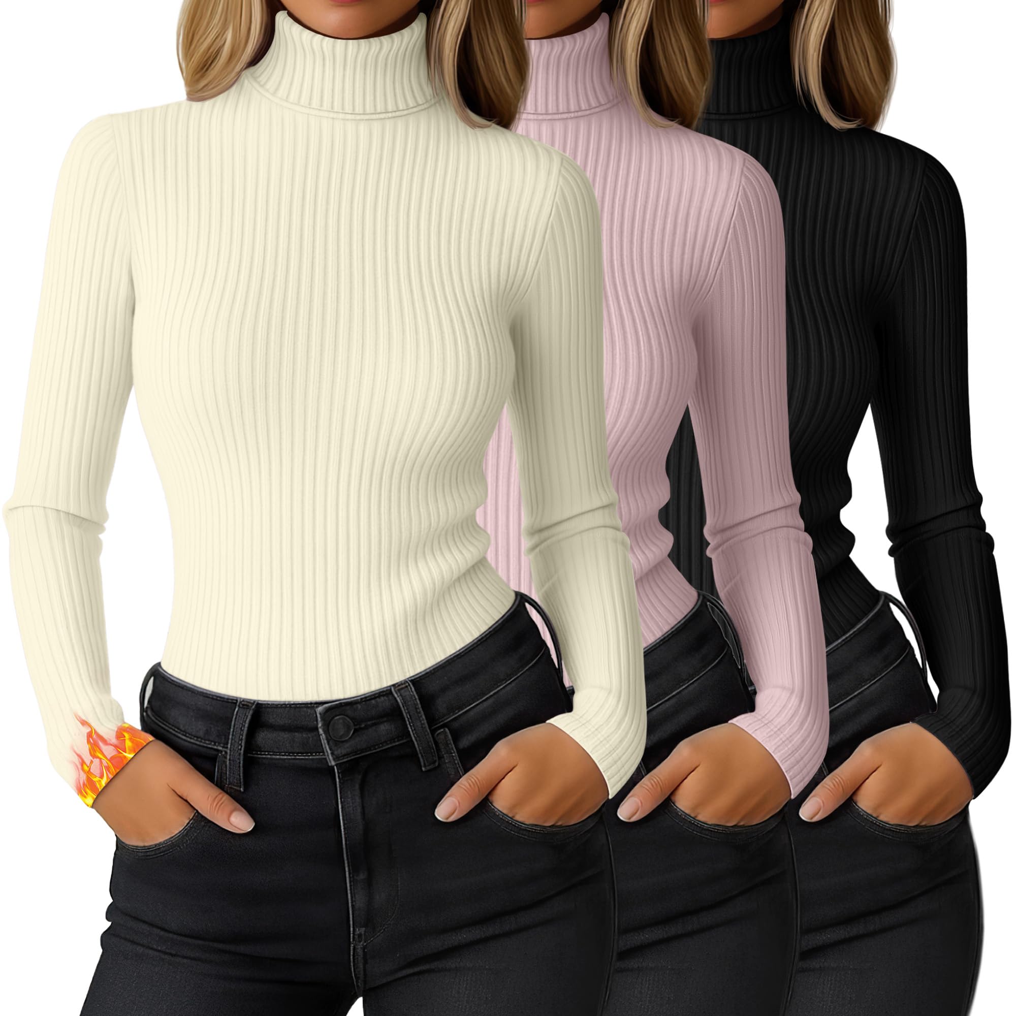 Ficerd 3 Pack Womens Ribbed Thermal Turtleneck Tops Long Sleeve Stretch Shirts Knitted Fitted Lightweight Base Layer(M,Black, L