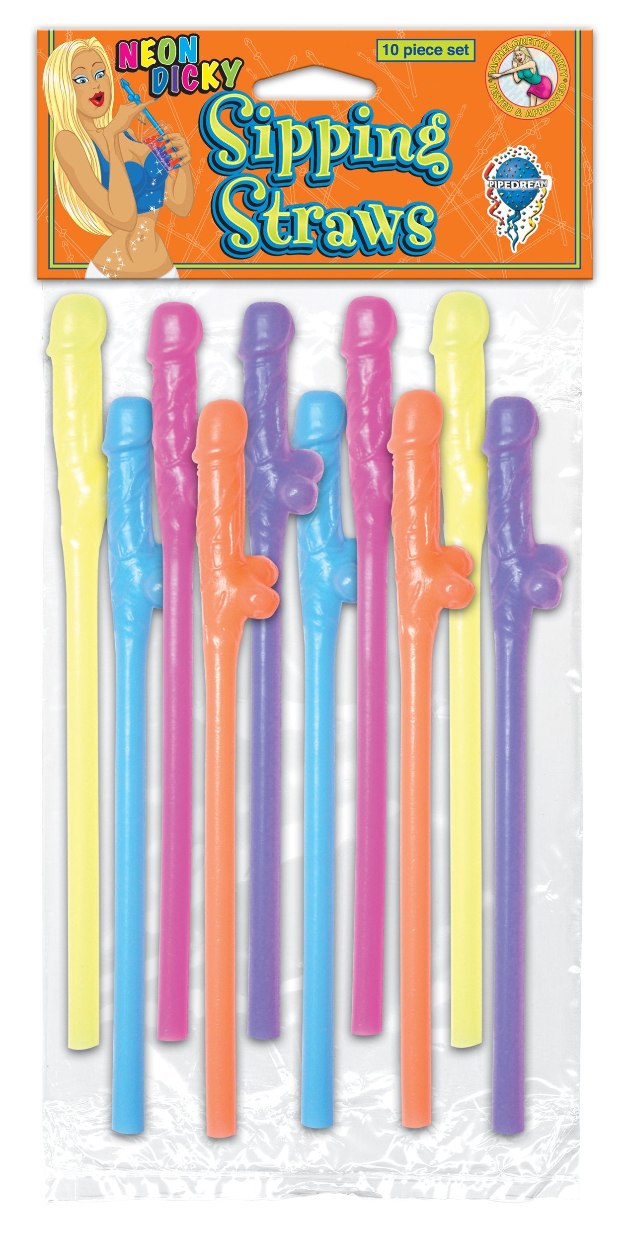 Pipedream Neon Dicky Sipping Straws 10-Pack, Assorted Colors