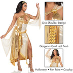 3 PC Golden Goddess, includes asymmetrical shimmer dress with one-shoulder buckle accent and ribbon trim, attached iridescent dr