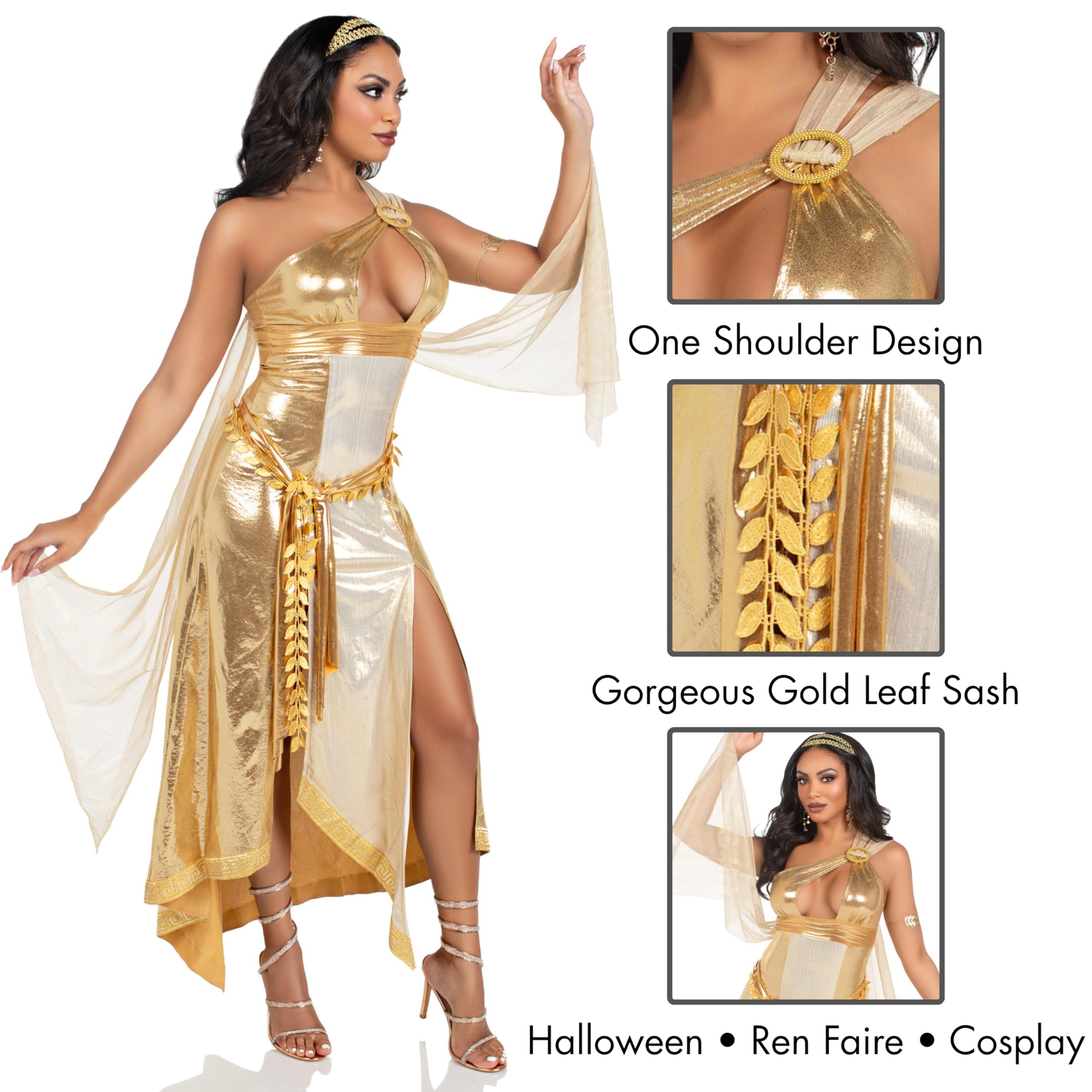 3 PC Golden Goddess, includes asymmetrical shimmer dress with one-shoulder buckle accent and ribbon trim, attached iridescent dr