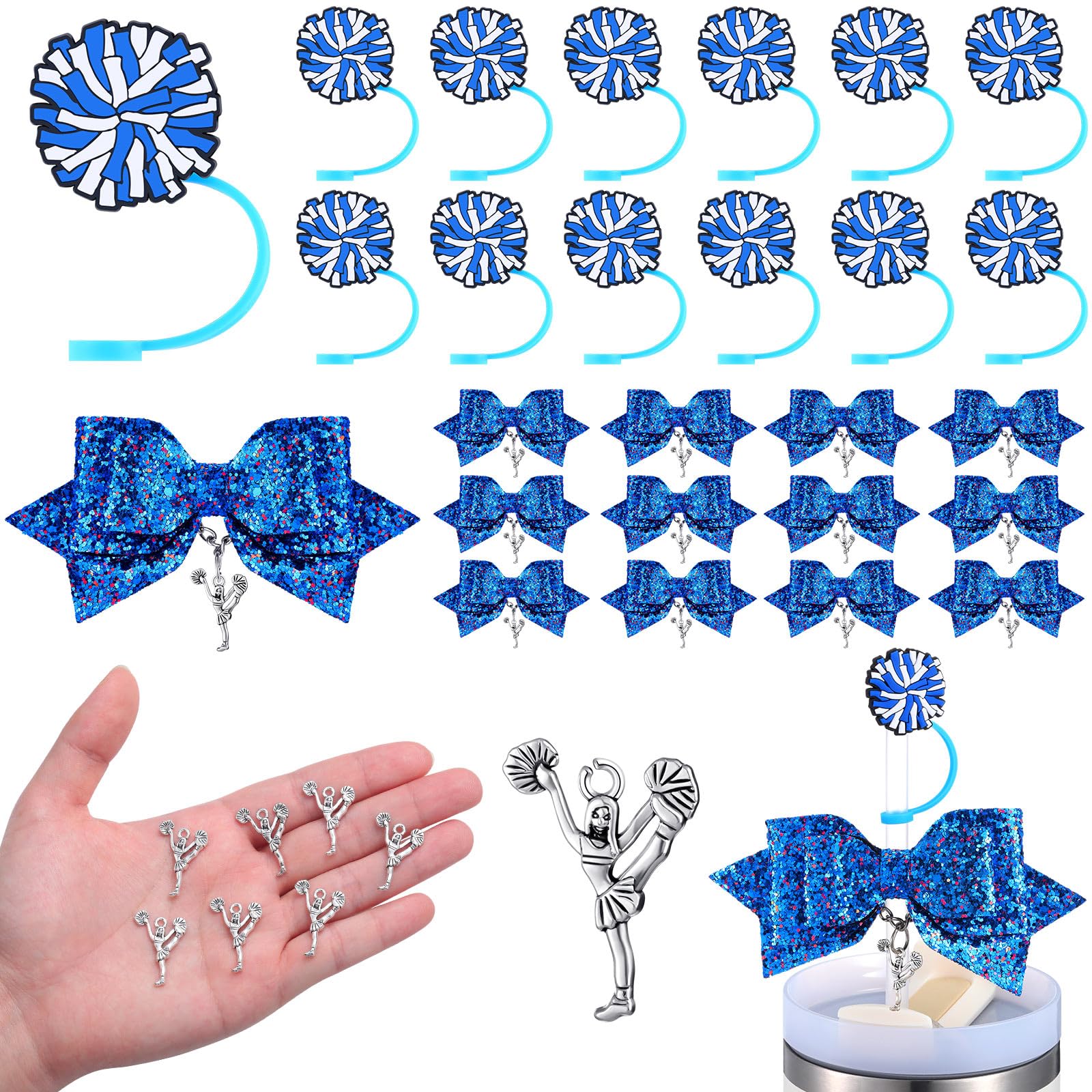 RimCereal 36 Pcs Blue Cheerleading Tumbler Accessories, 12 Pcs 10 mm Straw Cover Straw Toppers, 12 Glitter Bows and 12 Cheerlead