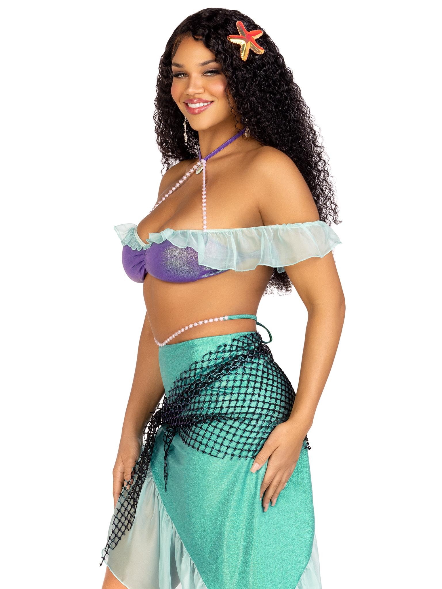 3 Pc Spellbound Mermaid, Includes Pearl Halter Iridescent Bra Top With Chiffon Ruffle Sleeve, Asymmetrical Skirt With Pearl Wais