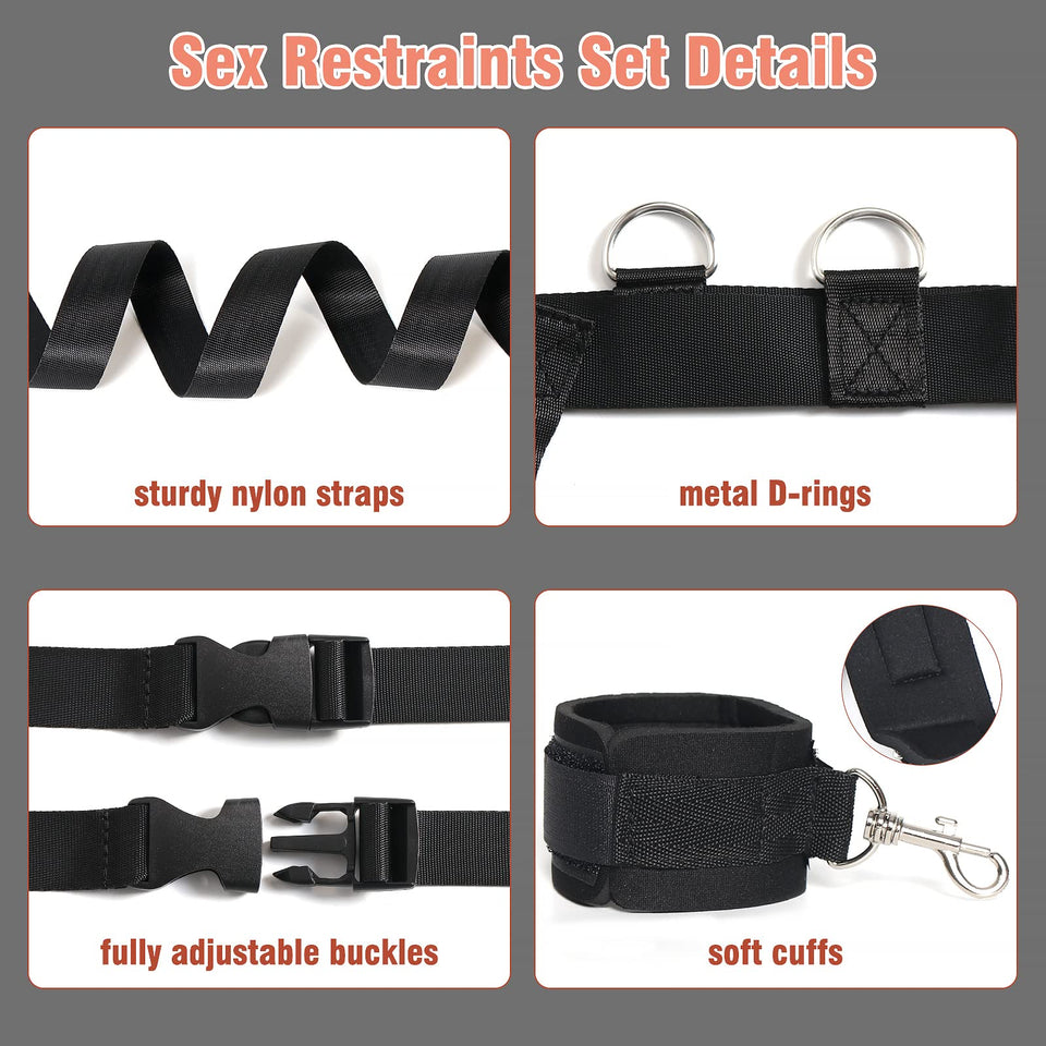 Sex Bondage BDSM Kit Bed Restraints Set, Super Easy Install Sex Rope Adjustable Straps, Sex Toys with Handcuffs Ankle Cuff for A