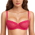 DOBREVA Womens Sexy Lace Bra Underwire Balconette Unlined Demi Sheer See Through Plus Size Bright Rose Dots 32B