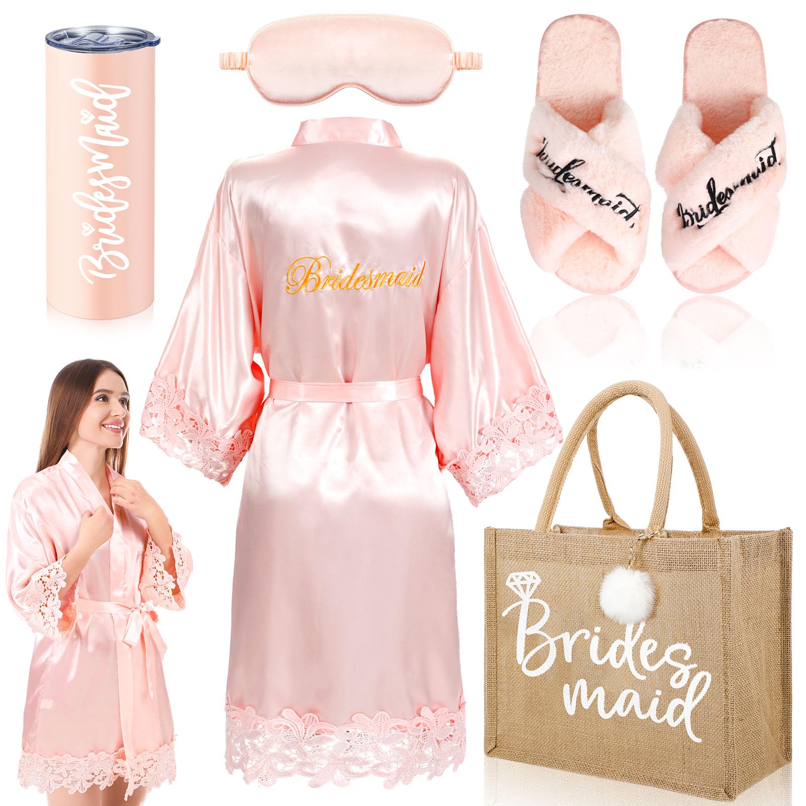 Handepo 5 Pcs Bride/bridesmaid Shower Robe Gifts Bride Gift Set with Sleeping Eye Mask Slippers for Wedding Party(Bridesmaid)