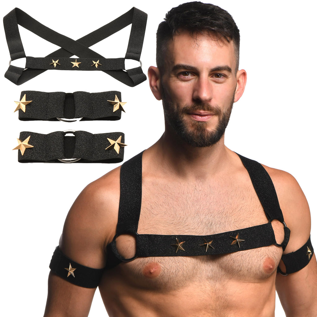 Star Boy Male Chest Harness With Arm Bands -  Small/Medium - Black