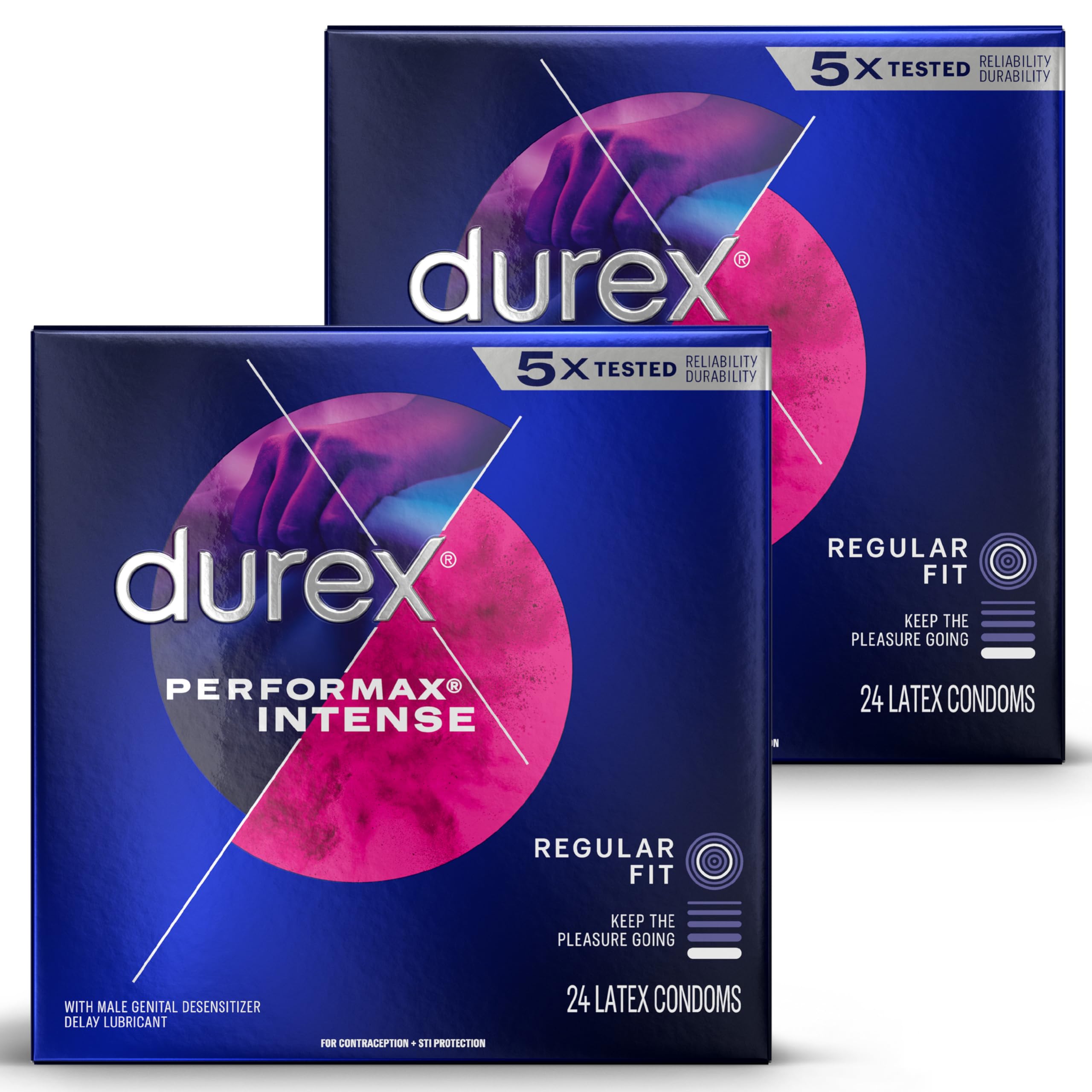 Durex Performax Intense Natural Rubber Latex Ultra Fine Ribbed Condoms, Regular Fit, 48 Count (2 Pack), Contains Desensitizing L