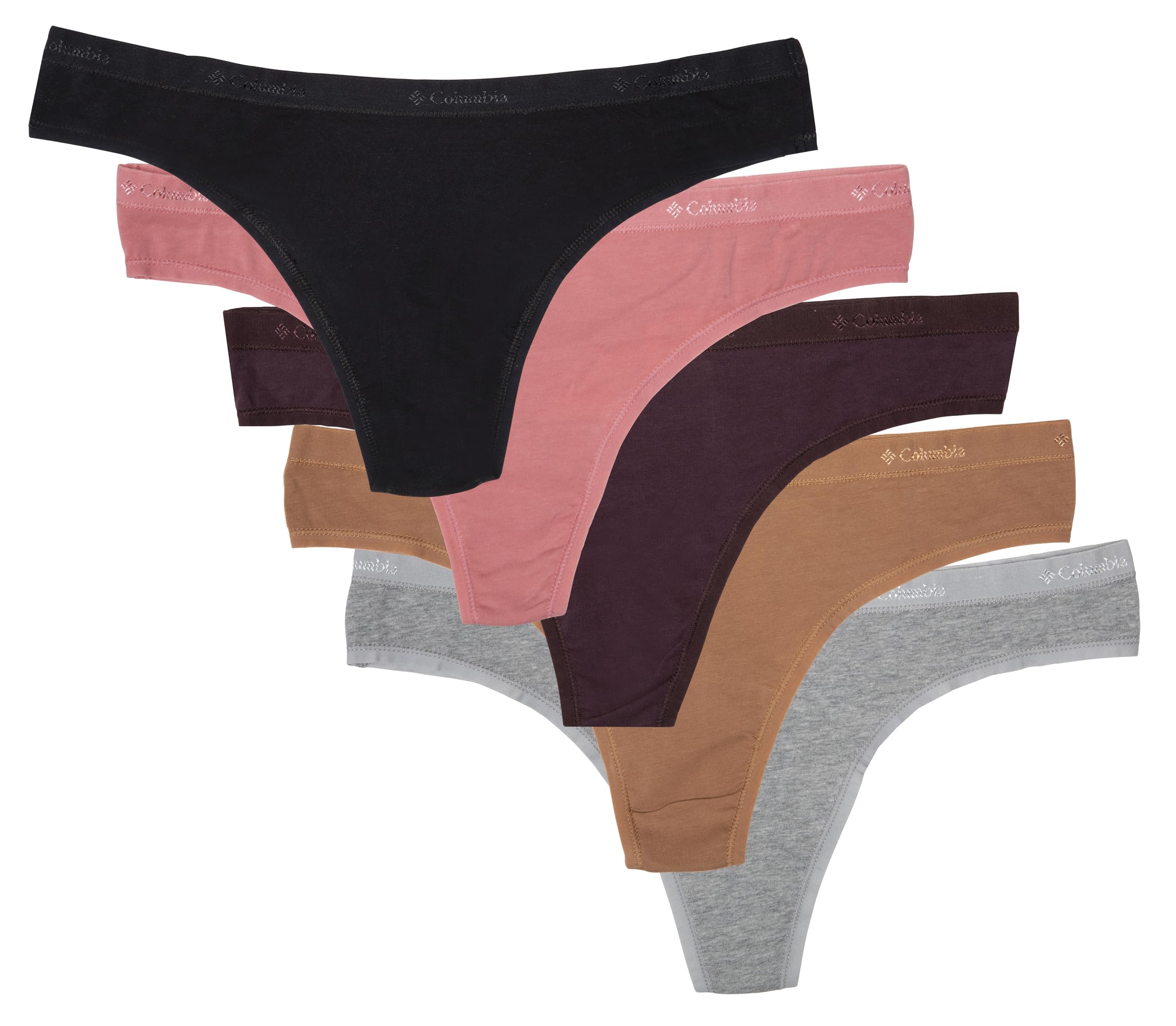 Columbia Sports Womens 4-Way Stretch Cotton Thong 5-Pack, Black/Heather Grey/Camel Brown/Moon Vista/Agave, Medium
