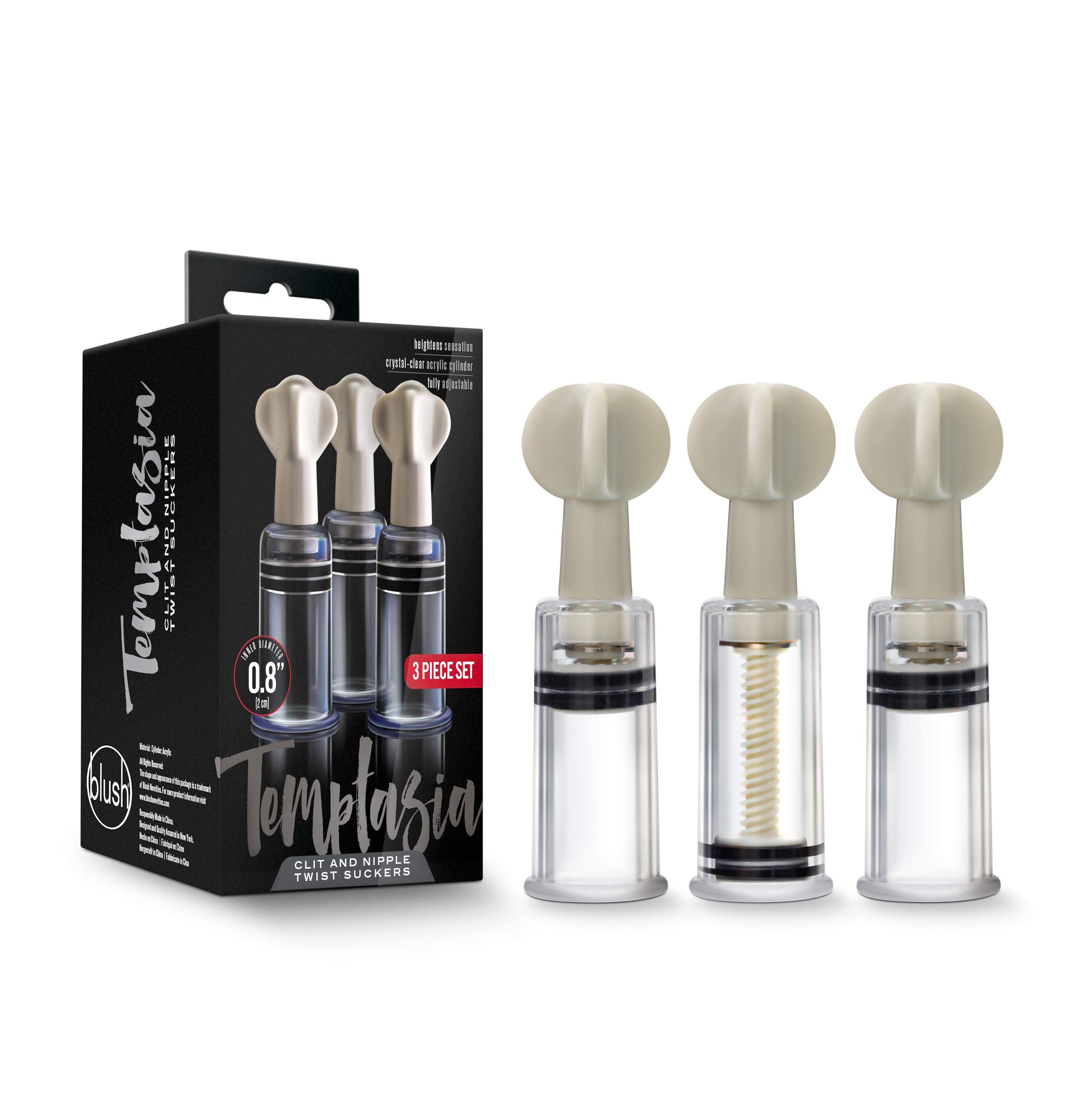 Blush Novelties Temptasia Clit & Nipple Twist Suckers, Set of 3 Adjustable Suckers, Twist to Increase Vacuum, Heighten Sensitivi