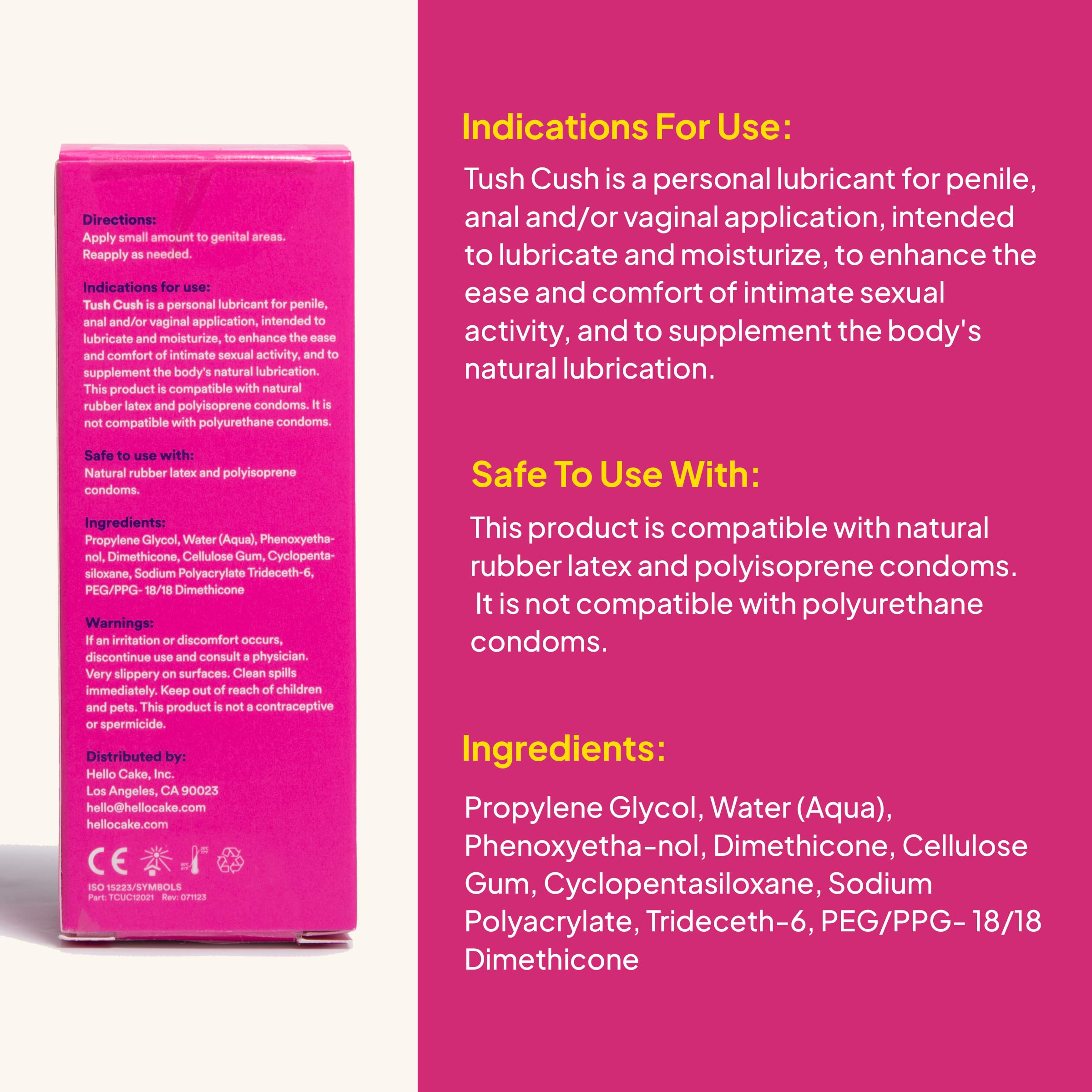 Hello Cake Tush Cush, Silicone and Water-Based Personal Lubricant, Formulated for Anal Use, Hybrid Lube for Men, Women, and Coup