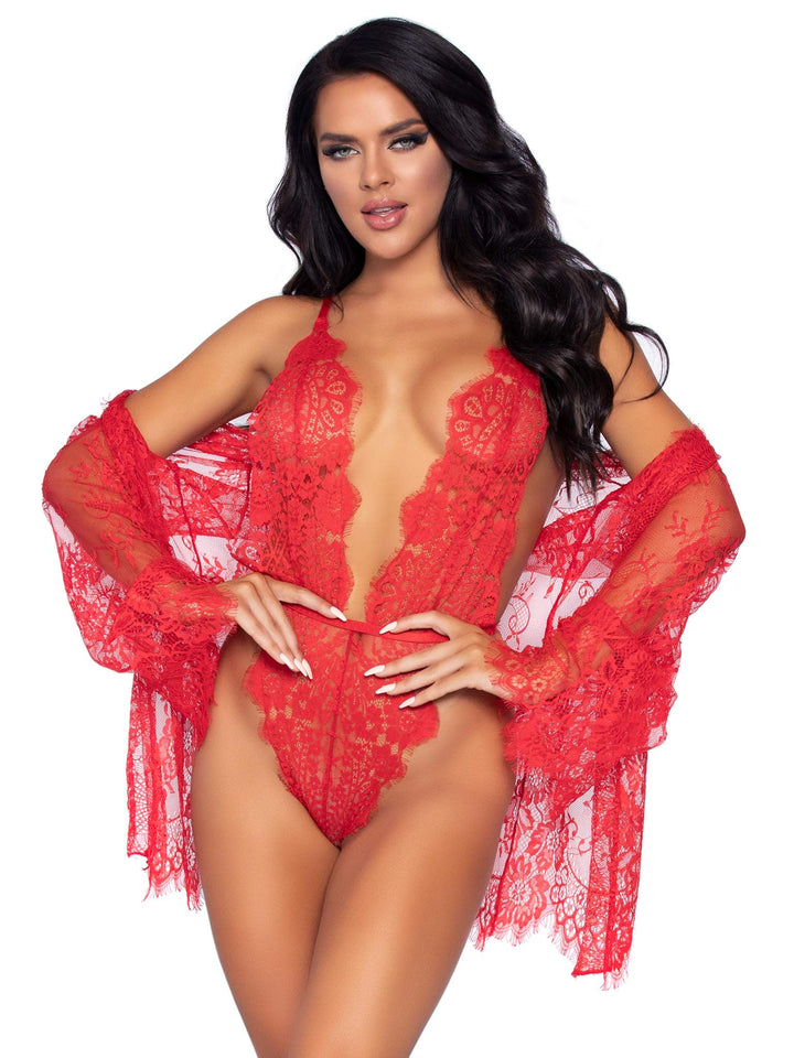 3 Pc Floral Lace Teddy With Ad - Medium / Red
