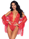 3 Pc Floral Lace Teddy With Ad - Medium / Red