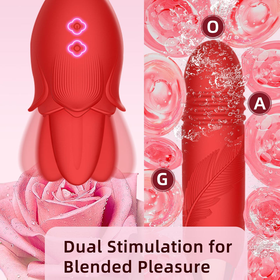 Rose Toys Clitoral Vibrator for Women,3 in 1 Rose Adult Toy,Sex Stimulator for Women with 10 Tongue Licking & Thrusting Dildo G
