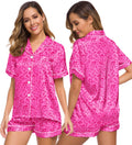 SWOMOG Womens Silk Satin Pajamas Set Two-piece Pj Sets Sleepwear Loungewear Button-Down Pj Sets Hot Pink Leopard Medium