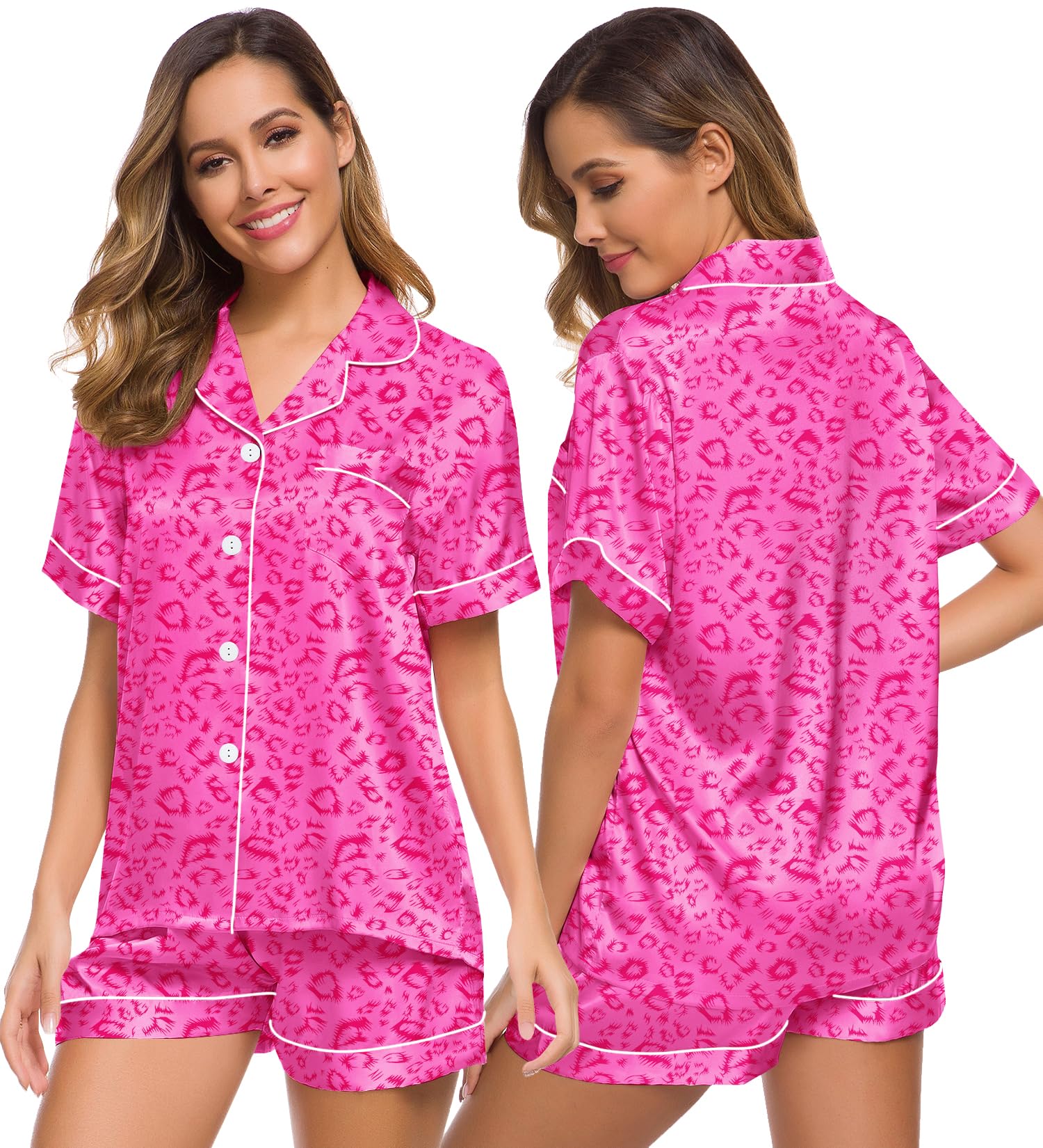 SWOMOG Womens Silk Satin Pajamas Set Two-piece Pj Sets Sleepwear Loungewear Button-Down Pj Sets Hot Pink Leopard Medium