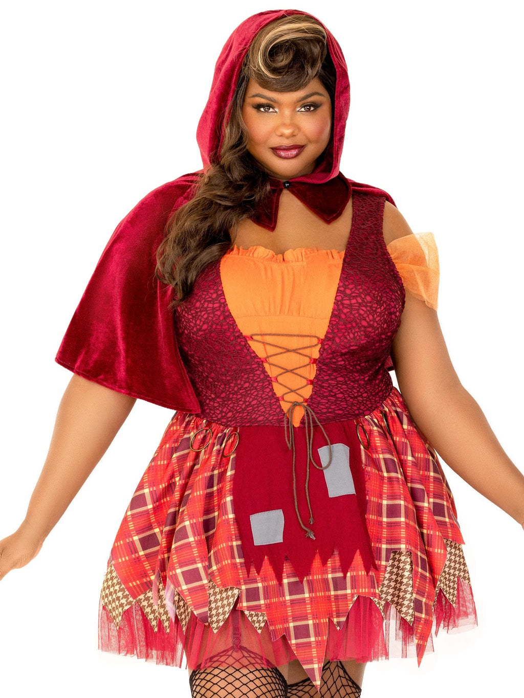 2 Pc Salem Sweetie, Includes Lace Up Patchwork Peasant Dress With Tattered Garter Skirt And Collared Caplet With Pointed Hood.