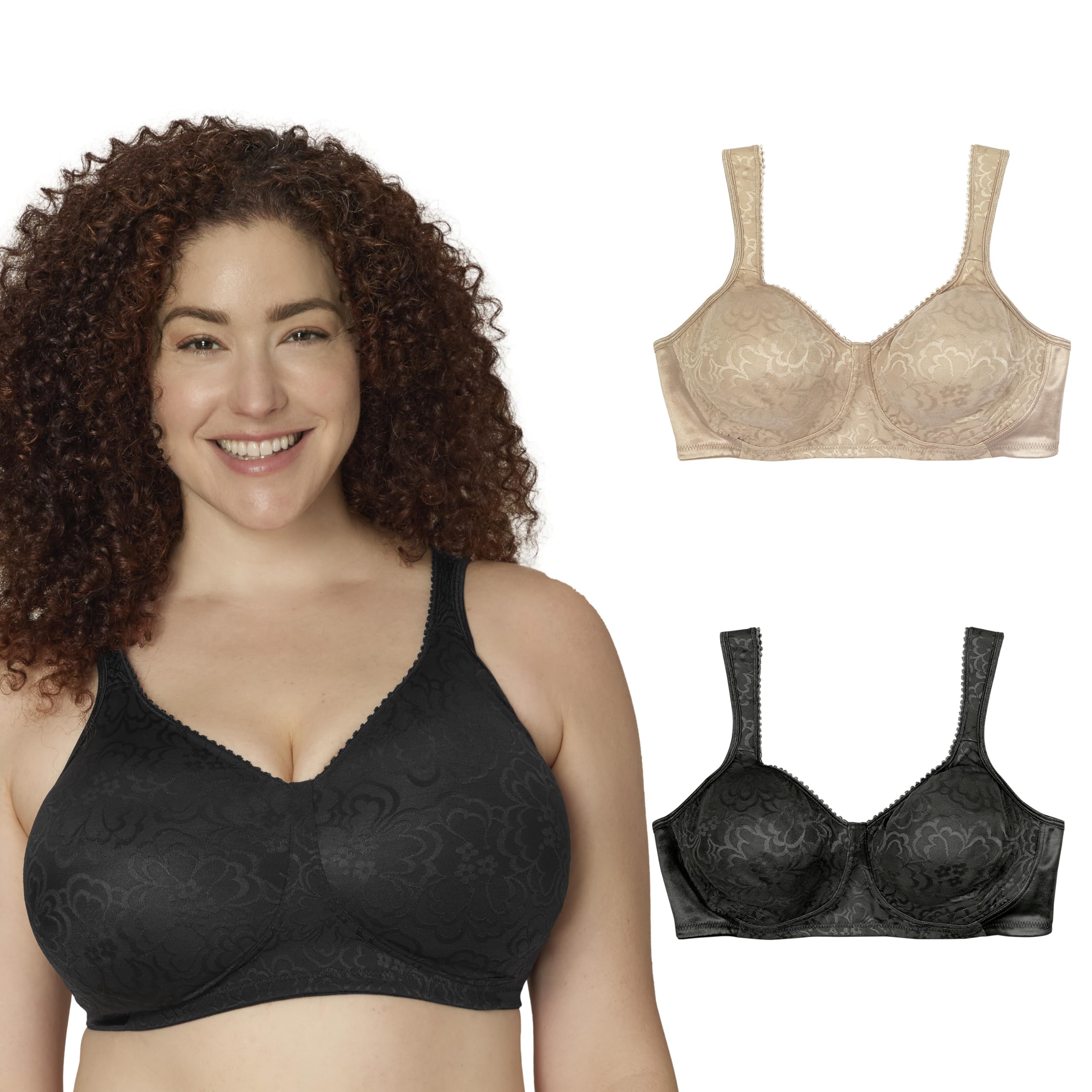 Playtex Womens 18-Hour Ultimate Lift Wireless Full-Coverage Bra, Single, Nude/Black, 2-Pack