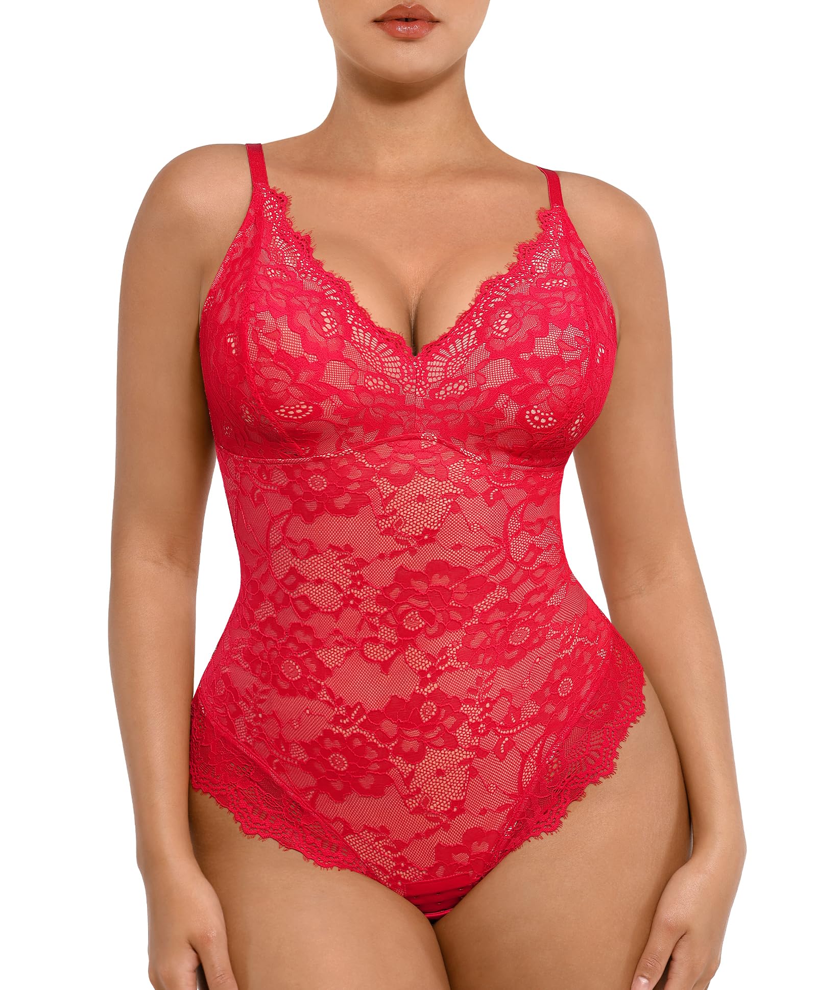 FeelinGirl Lingerie for Women Bodysuits V Neck Lace Shapewear Tummy Control Body Suits Corset Tops for Women Red XXL