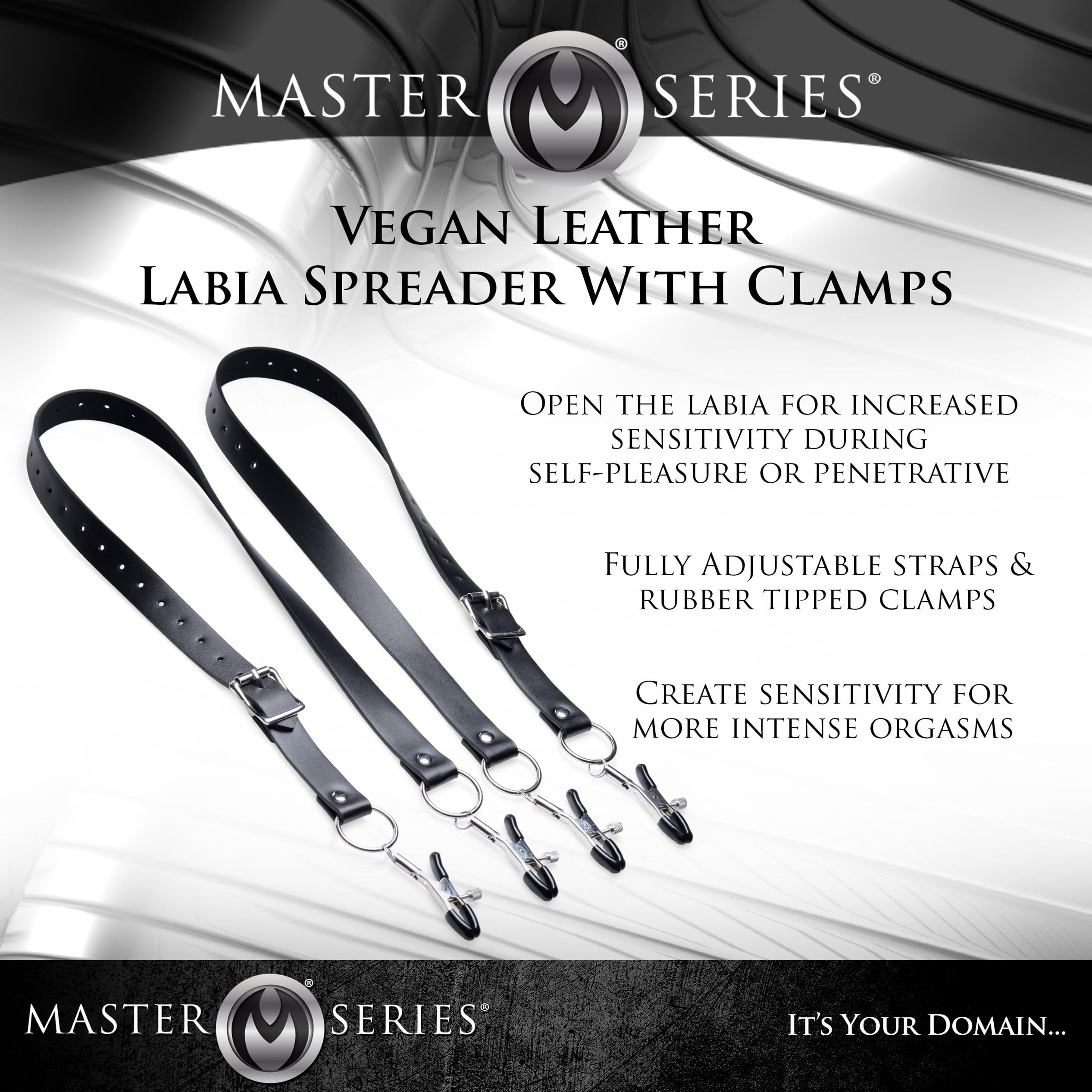 Master Series Spread XL Labia Spreader Straps | Vegan Friendly Leather Straps and Rubber Tipped Pinchers to Spread Your Lips Ope