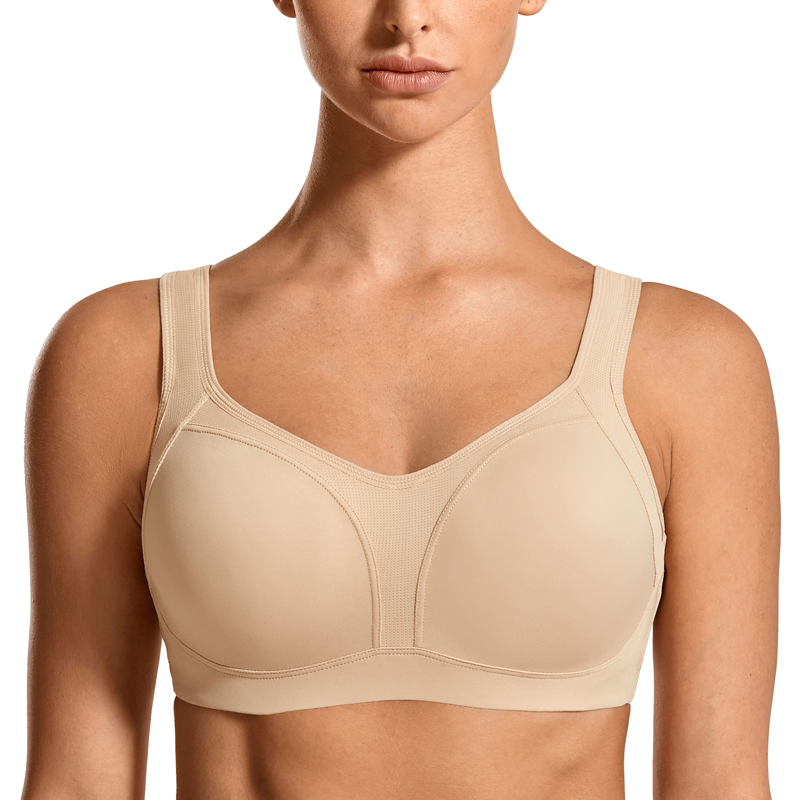 SYROKAN Womens High Impact Underwire Sports Bra High Support Large Bust Padded Adjustable Straps Running Bra Beige 36C