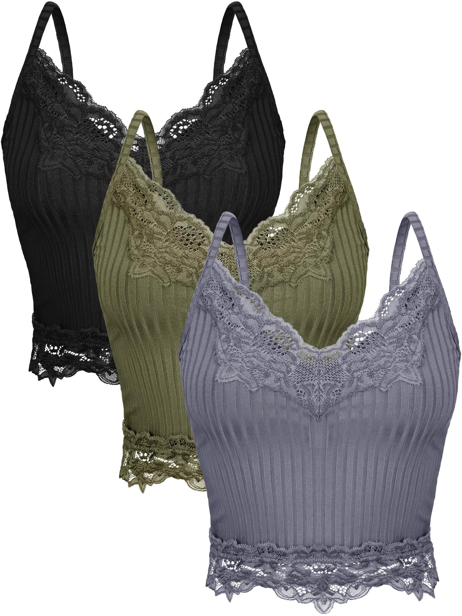 Bencailor 3 Pcs Womens Lace Tank Tops Y2k Camisole Lace Patchwork Crop Tops Grunge Style Ribbed Knitted Clothing(L,Army Green, 