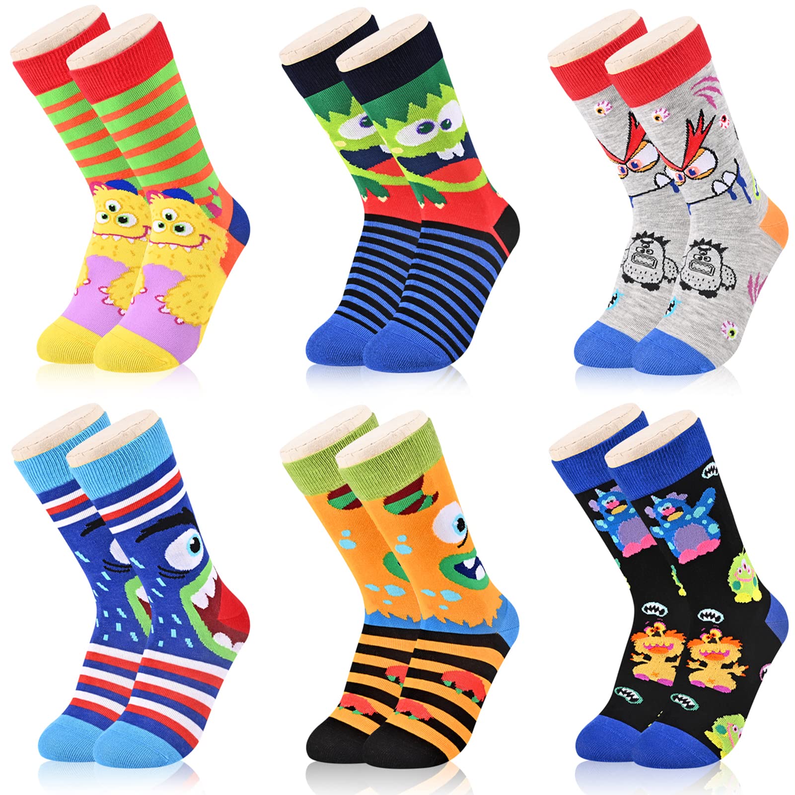 Dsia Zamur 6 Pack Novelty Kids Boys Monster Socks + Gift Box, Funny Crazy Eyes Colorful Athletic Halloween Christmas Stripe Calf