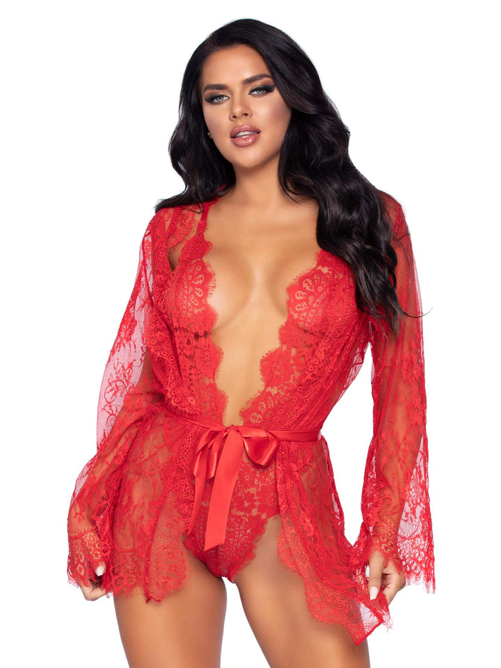 3 Pc Floral Lace Teddy With Ad - Medium / Red