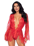 3 Pc Floral Lace Teddy With Ad - Medium / Red