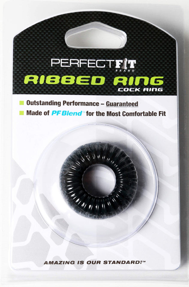 Perfectfit Brand Ribbed Ring Cock Ring, Pfblend, Tpr/Silicone Blend, Durable, Stretchy, Tight Fit, Black