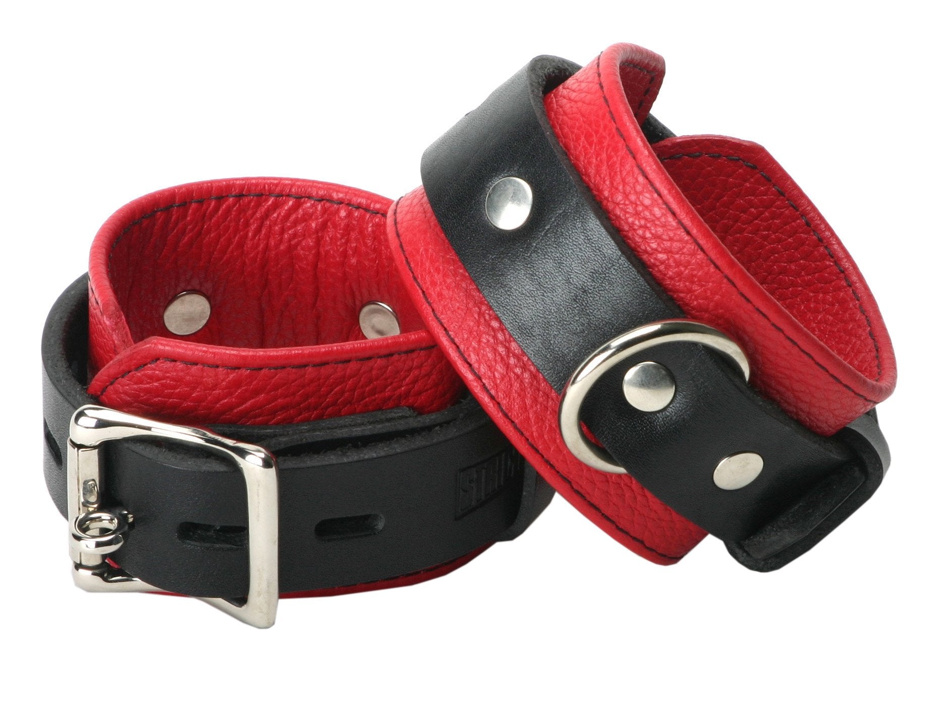 Strict Leather Red and Black Locking Bondage Wrist Cuffs